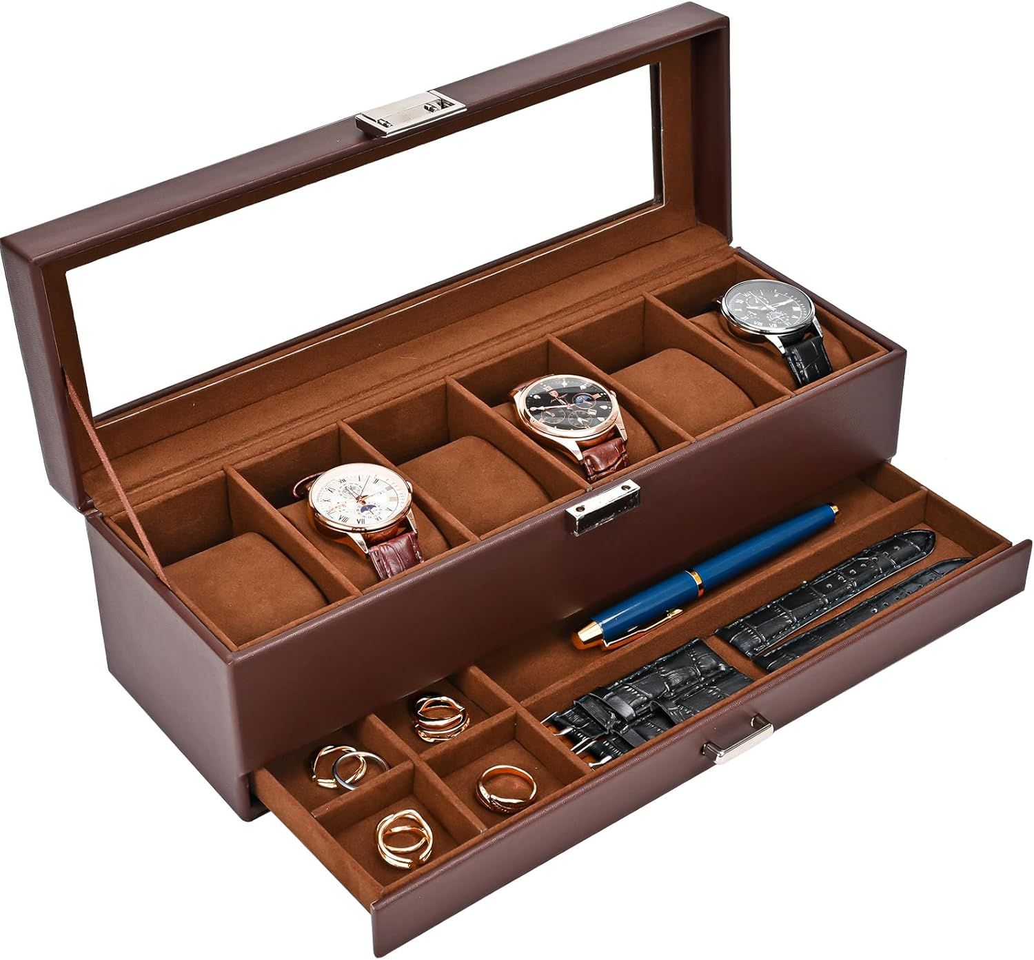 Shows the watch and jewelry organizer box with its compartments and storage capacity, demonstrating how it can neatly store watches, rings, pens, and watch bands in an organized manner. Demonstrates…