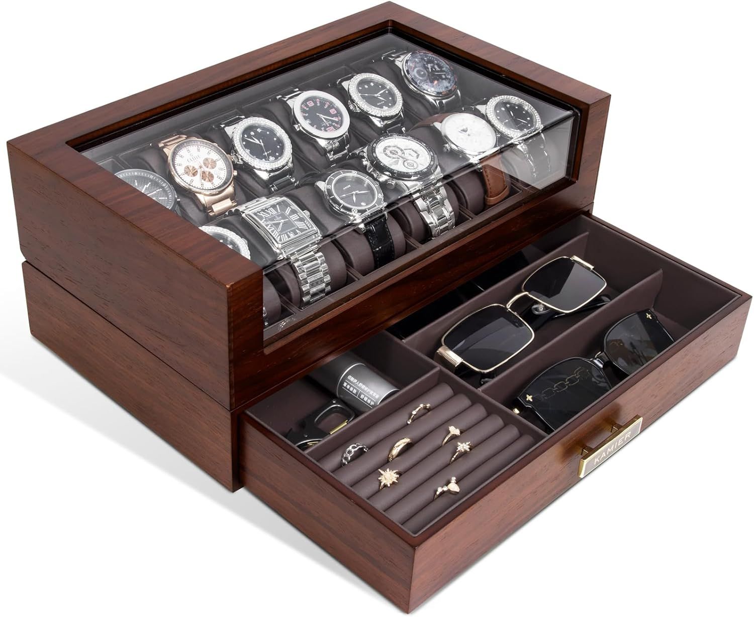 Displays the core product, a wooden watch and jewelry organizer box with glass top and pull-out drawer, showing its storage capacity and premium construction to help shoppers understand what they…