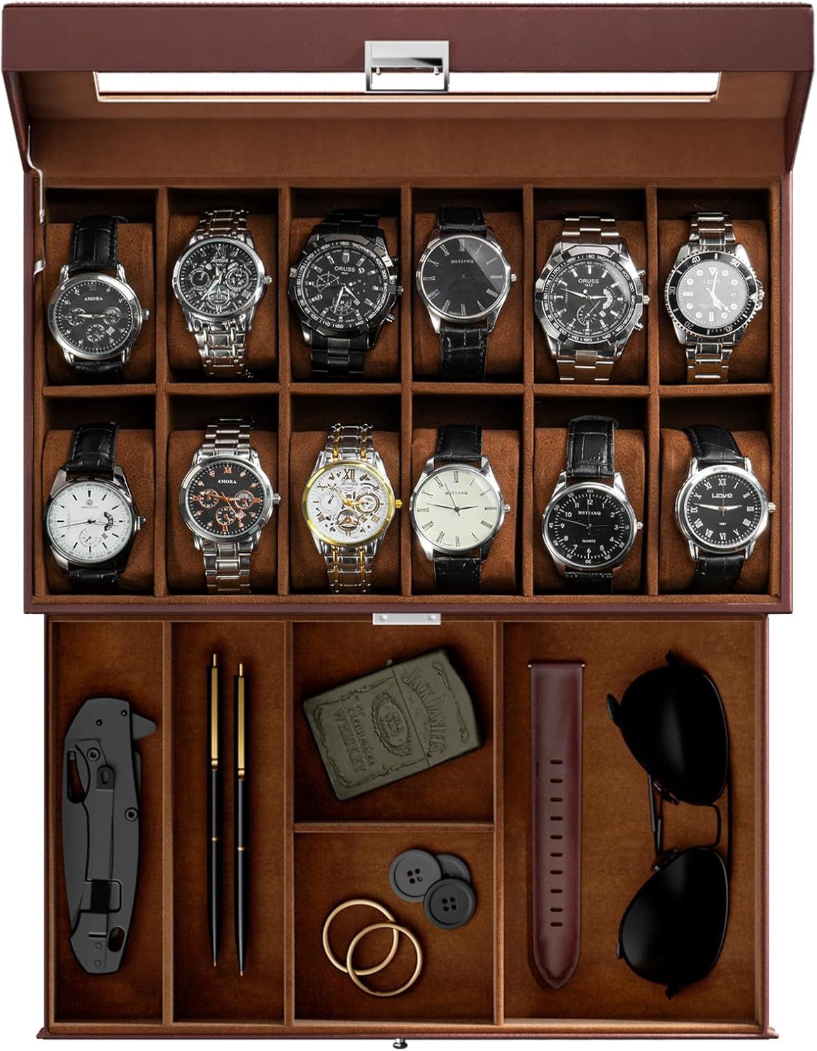 Showcases the watch storage case as the core product, displaying its capacity to hold 12 watches in the upper compartment and various accessories in the lower drawer, communicating its…