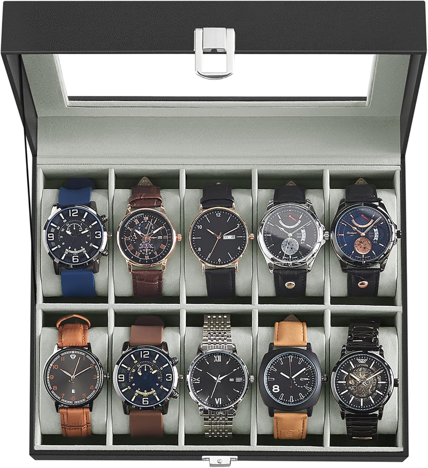 Shows the core product—a premium watch storage case—displaying its capacity to organize and protect multiple watches in individual cushioned compartments with a luxurious presentation. Demonstrates…