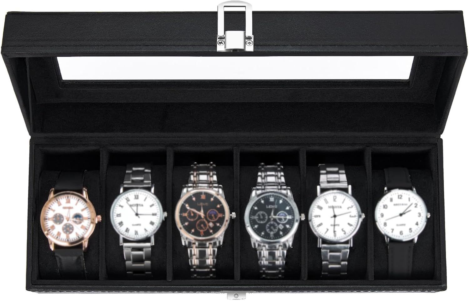 Shows the core product, a watch storage case with six watches displayed inside, allowing shoppers to see the organizational capacity and presentation quality of the case. Displays different watch…