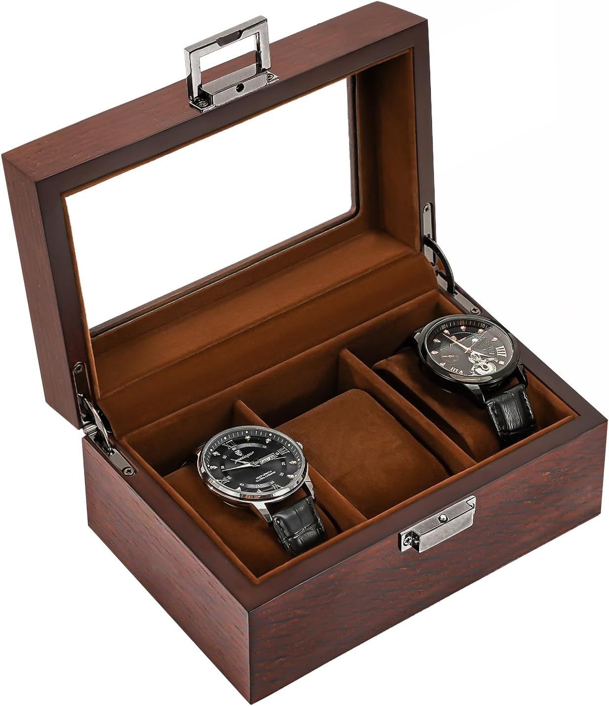 Displays the core product, a wooden watch storage box with glass top, showing its capacity and premium construction to communicate quality and organization.