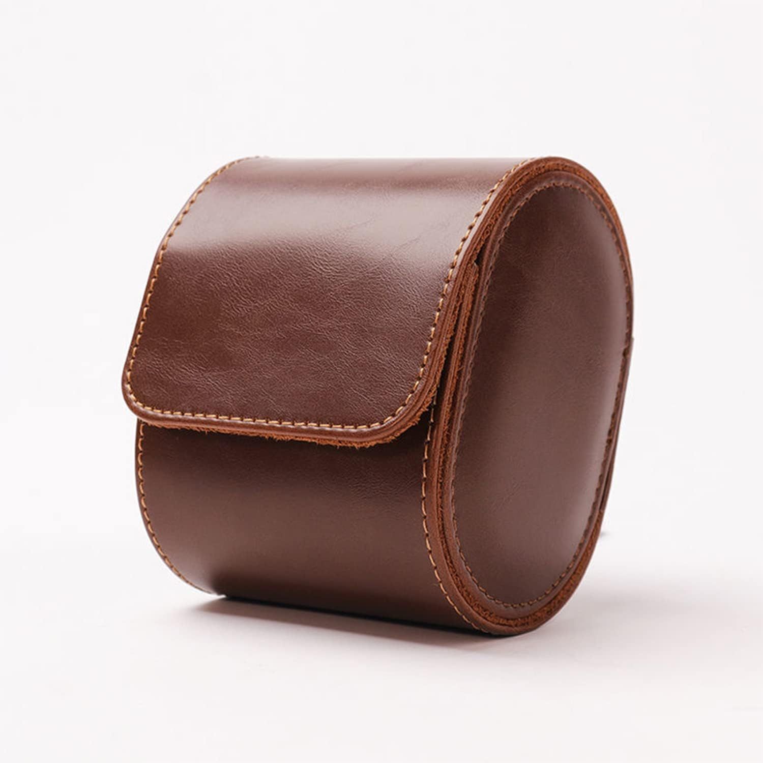 Displays the core product—a leather watch case or accessory pouch—in a clean catalog style to show its craftsmanship, material quality, and compact form factor.