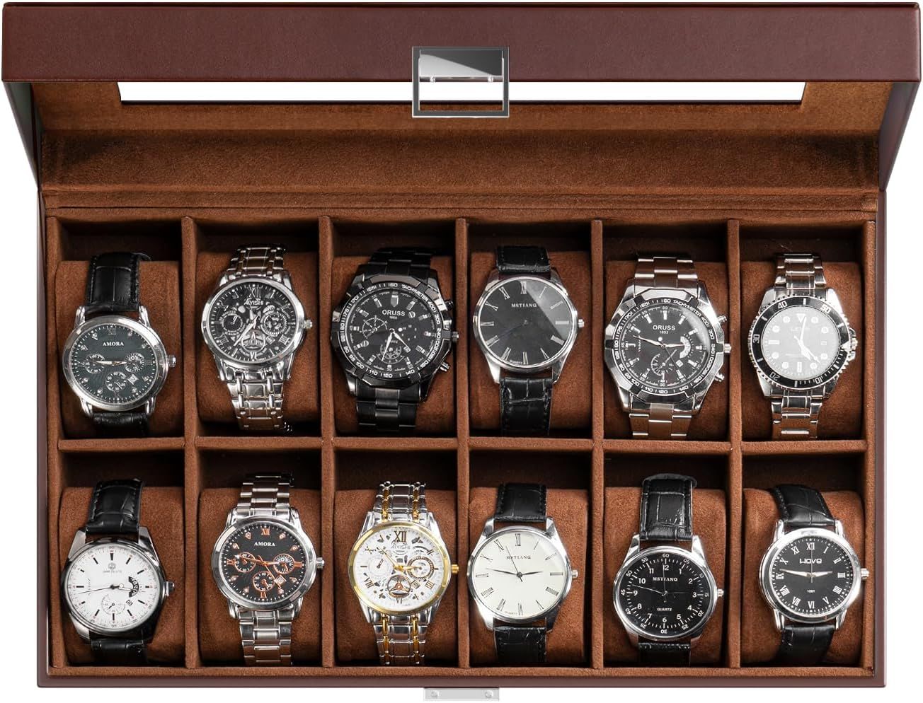 Shows the watch storage case as the core product, displaying its capacity to organize and store 12 watches in individual compartments with a premium brown leather finish and secure clasp.