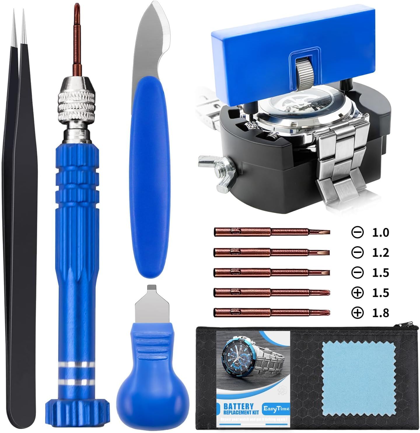 Displays the complete watch repair tool kit with all included components clearly visible, showing shoppers exactly what tools they will receive for watch maintenance and battery replacement. Shows…