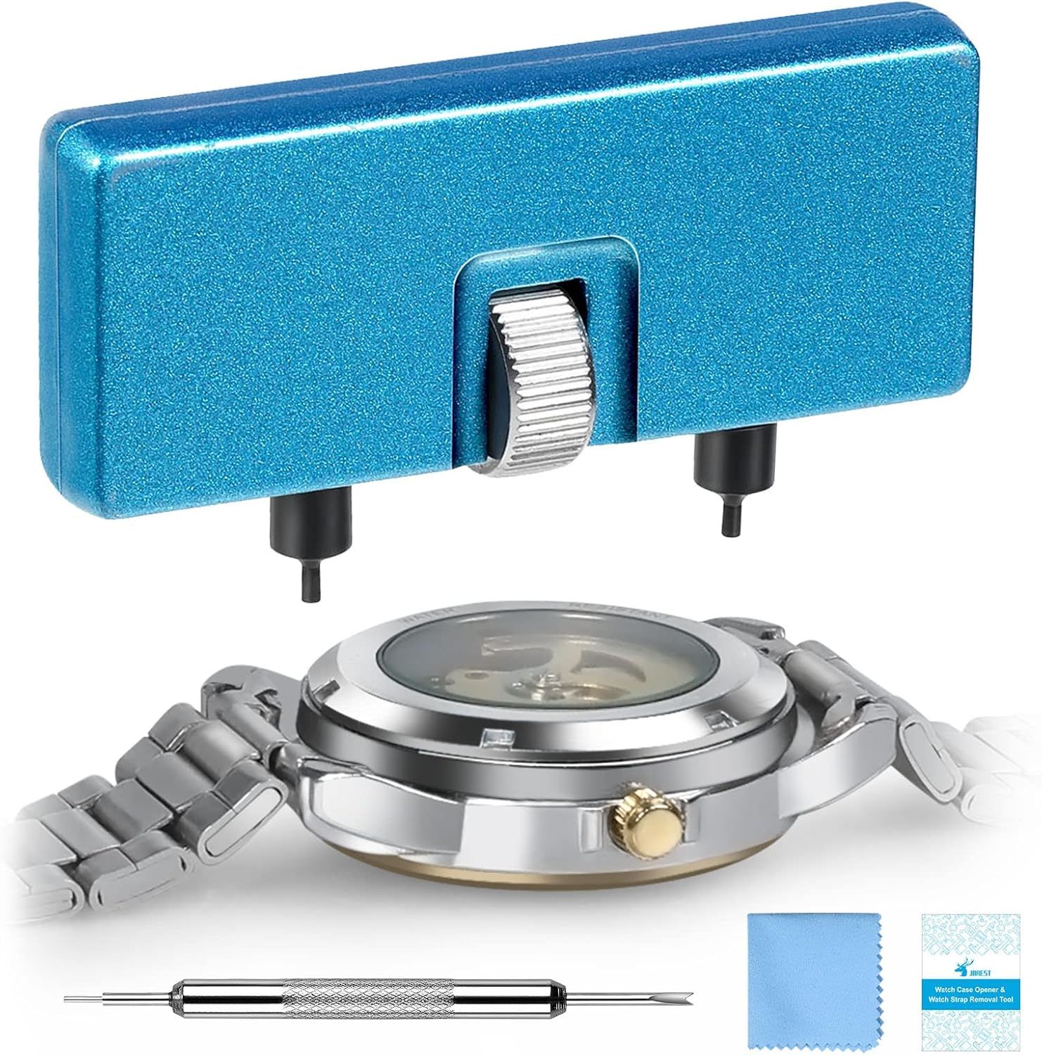 Displays the core product - a watch case opener tool with adjustable holder and included accessories for watch repair and maintenance. Shows all included items in the kit: the blue adjustable watch…
