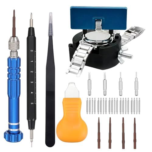 Displays the complete watch repair tool kit with all included tools and accessories, showing shoppers exactly what they will receive to reassure them of the comprehensive nature of the set. Shows…