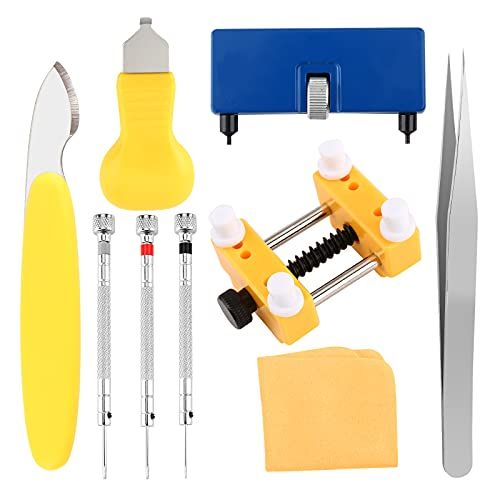 Shows all the tools and accessories included with the purchase to communicate the comprehensive value and completeness of the watch repair kit. Displays the core sellable product - a complete watch…