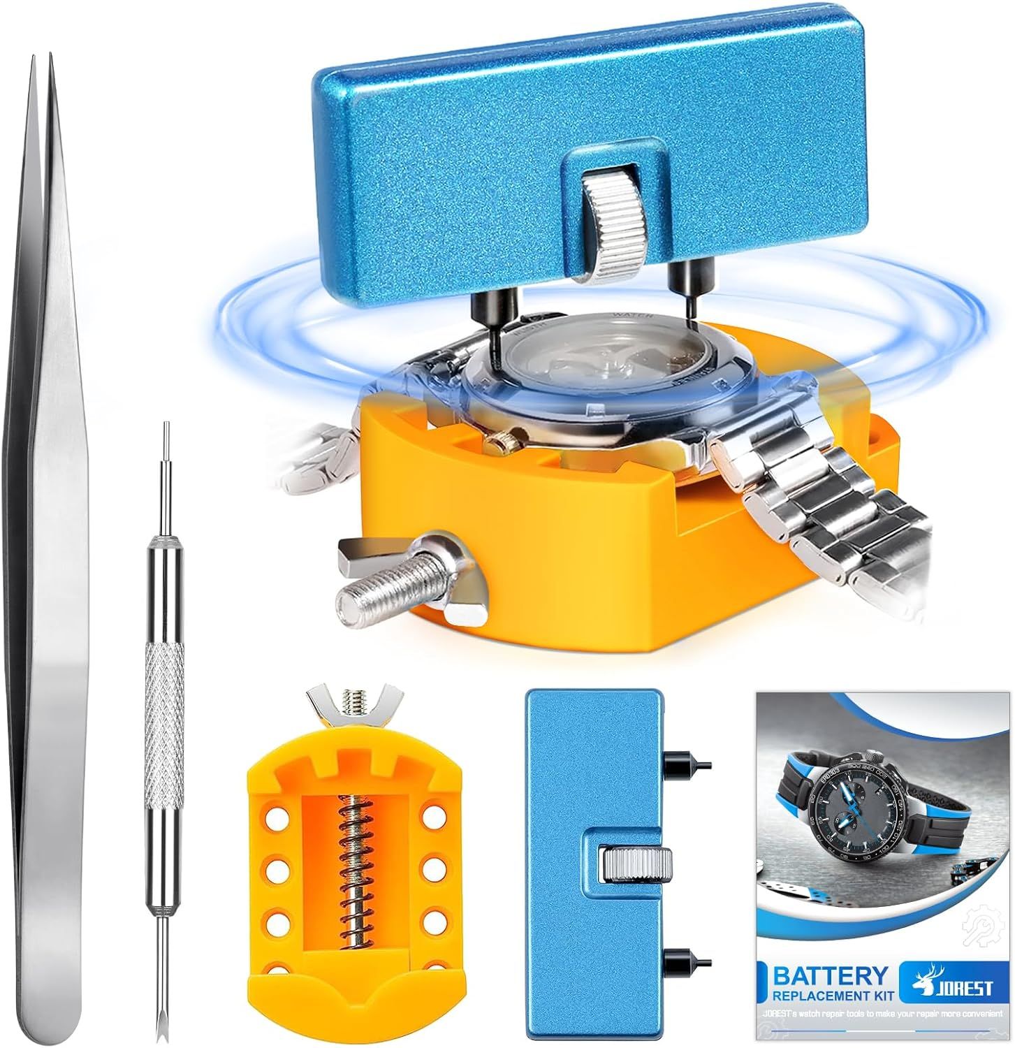 Shows the complete watch battery replacement kit with all included tools and components to communicate what the buyer receives and reassure them they have everything needed for watch repair.…