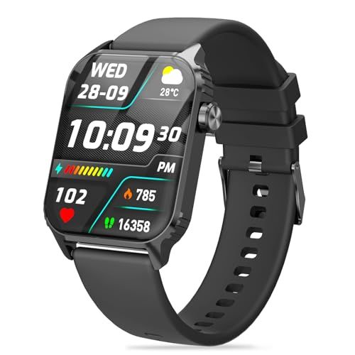 Showcases the smartwatch product with its active display showing key features like time, date, temperature, heart rate, and step count to communicate its functionality and value to shoppers.…