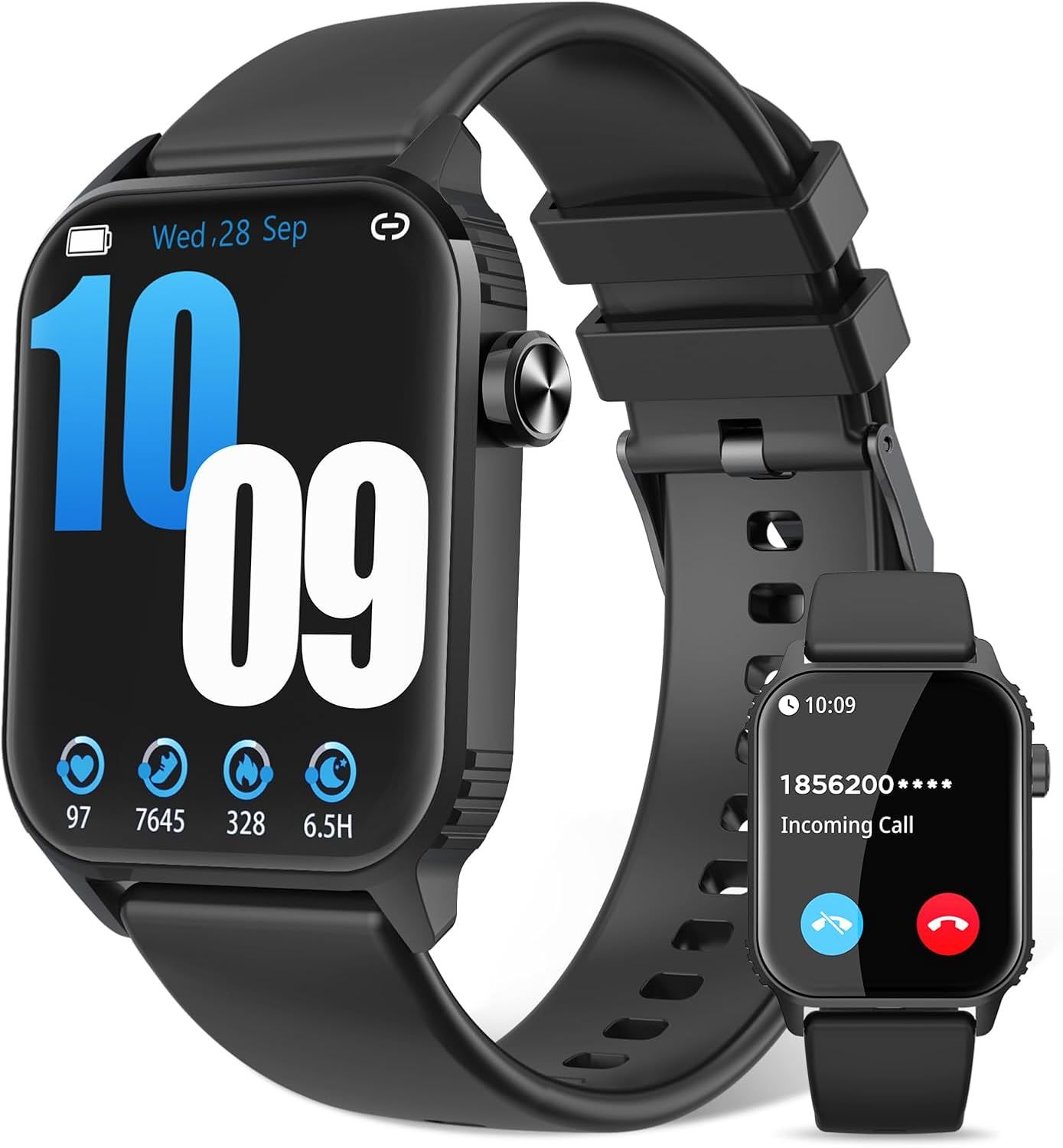 Shows the core smartwatch product with its display interface and demonstrates the incoming call feature to communicate its connectivity and communication capabilities. Demonstrates the smartwatch…