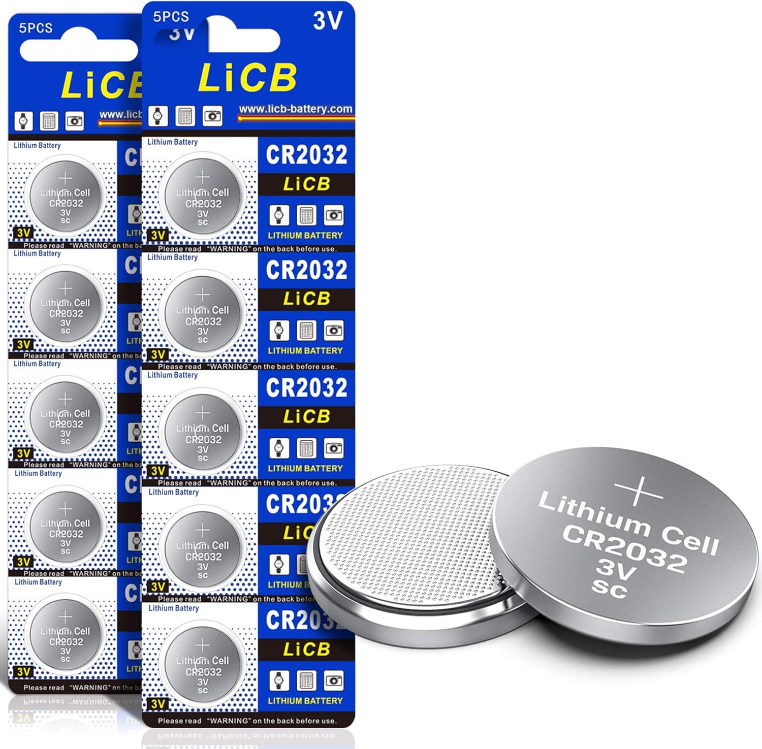Displays the core product—CR2032 lithium cell batteries—both in retail packaging and as individual units to clearly show what the shopper is purchasing. Shows the physical retail packaging the…