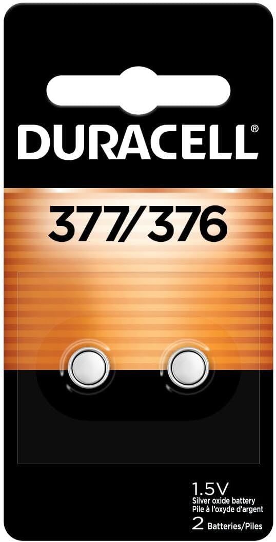 Shows the core product clearly - a 2-pack of Duracell 377/376 silver oxide batteries in retail packaging, allowing shoppers to identify the exact battery model and quantity they are purchasing.…