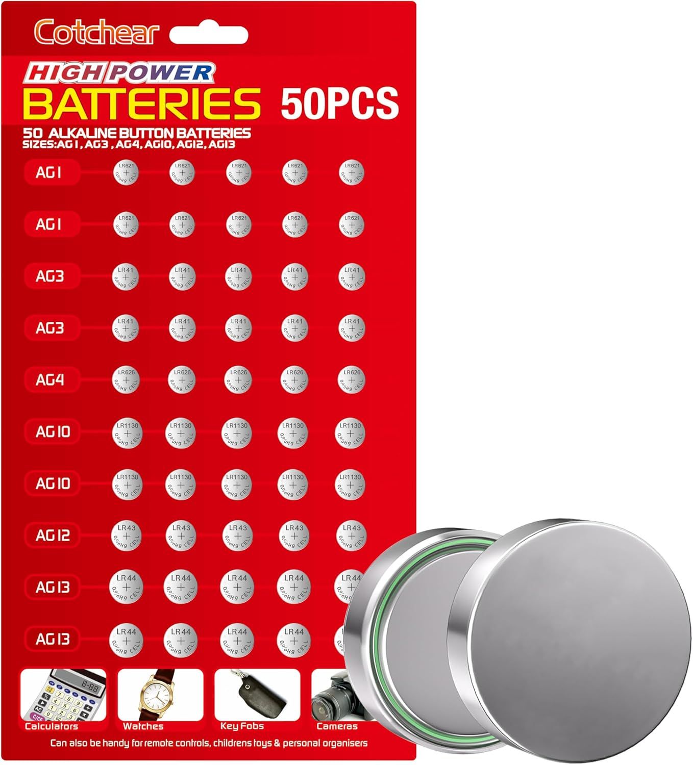 Shows the complete product offering of 50 button batteries in multiple sizes (AG1, AG3, AG4, AG10, AG12, AG13) with individual batteries displayed prominently to communicate variety and quantity…