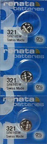 Shows the core sellable product, a multi-pack of three Renata 321 watch batteries in their retail packaging, allowing shoppers to see exactly what they will receive. Displays the retail packaging…