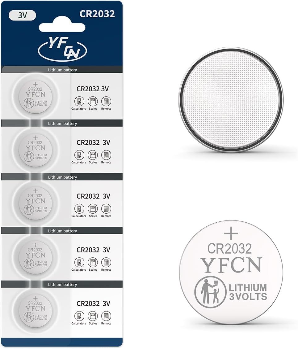 Shows the core product—CR2032 lithium batteries—both in retail packaging and as individual units to communicate what the buyer receives and the battery specifications. Displays the retail packaging…
