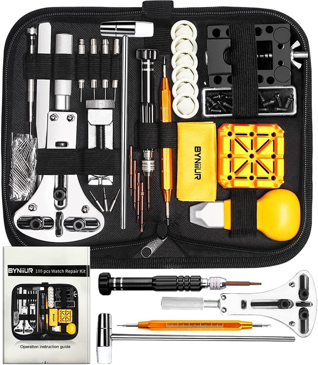 Displays the complete 155-piece watch repair kit with all included tools and accessories organized in a carrying case, showing shoppers exactly what they will receive and demonstrating the…