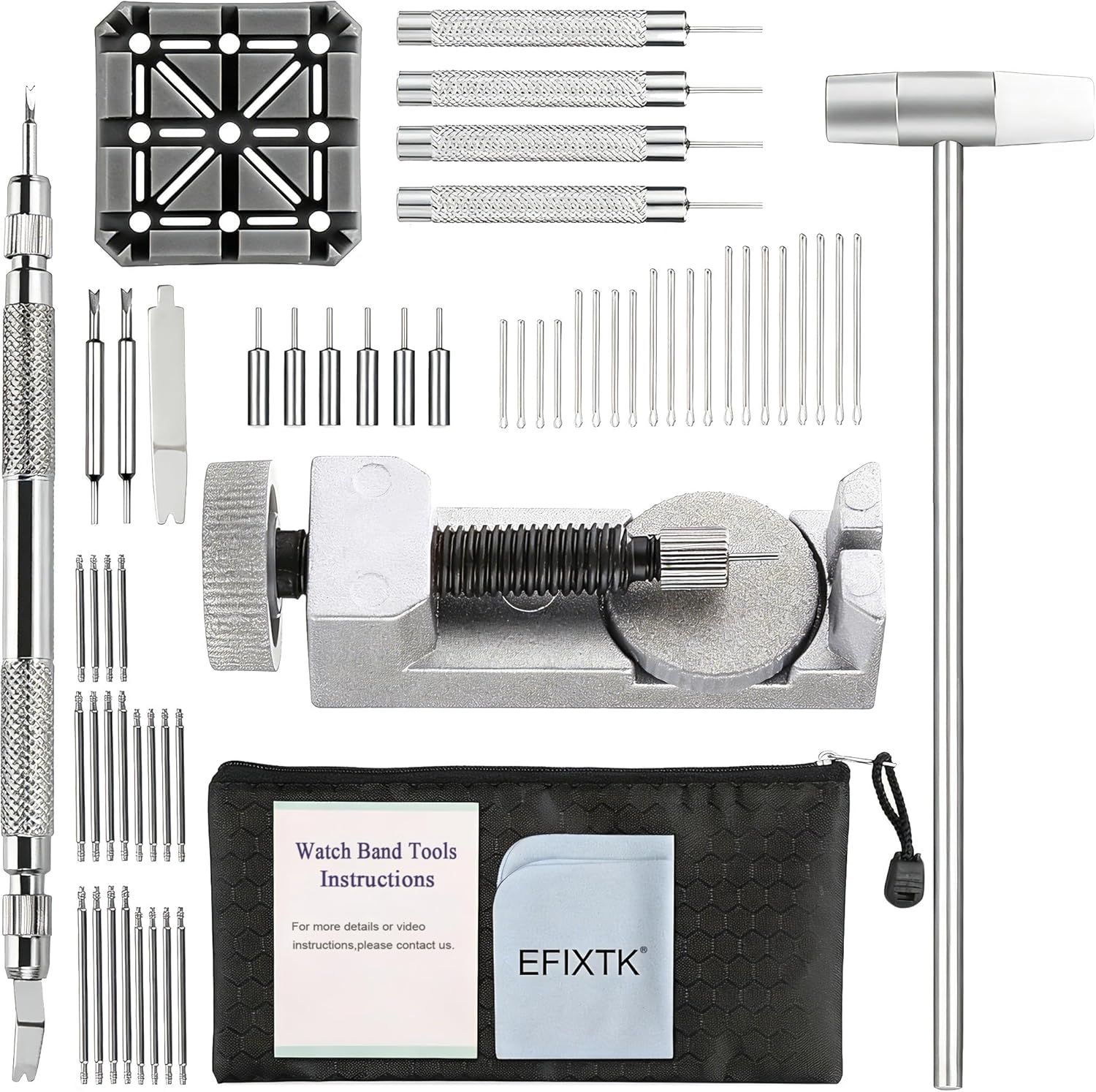 Displays the complete watch band tool kit with all included components laid out systematically to show the shopper exactly what they will receive and the comprehensive nature of the set. Showcases…