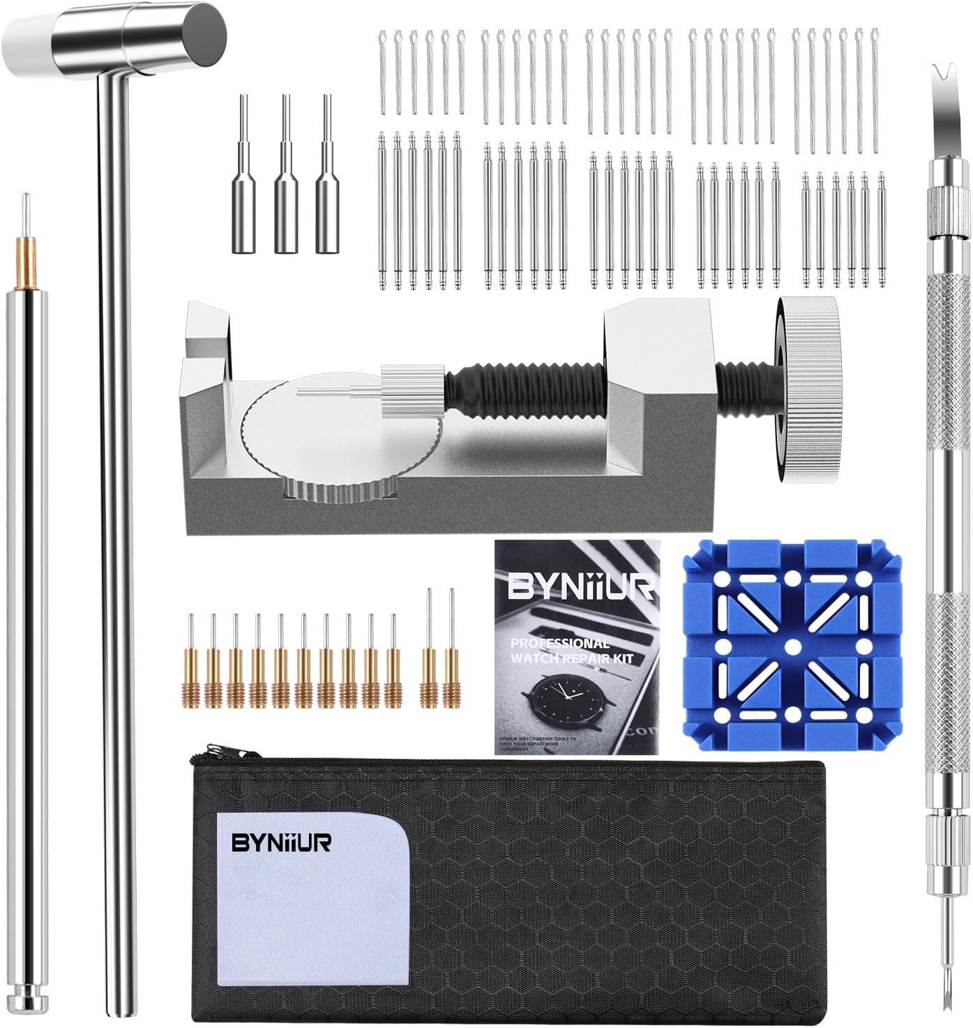 Displays the complete professional watch repair kit with all included tools and accessories to show shoppers exactly what they will receive and communicate the comprehensive nature of the set. Shows…