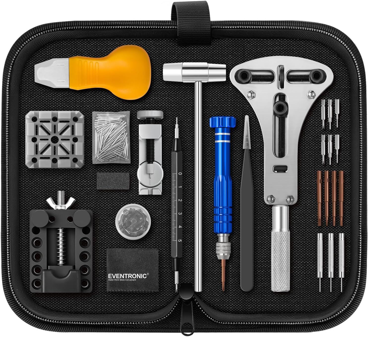 Displays the complete watch repair toolkit with all included tools and accessories organized in a protective case, showing shoppers exactly what they will receive and reassuring them of the…