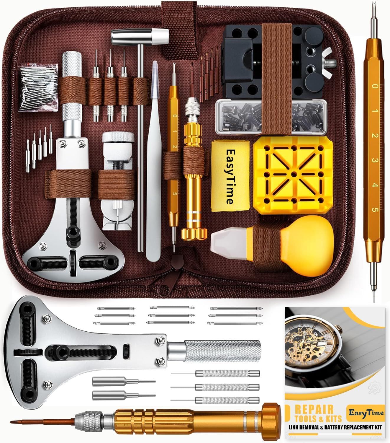 Shows the comprehensive watch repair kit with all included tools and accessories to reassure buyers they have everything needed for watch maintenance and repair. Demonstrates the practical…