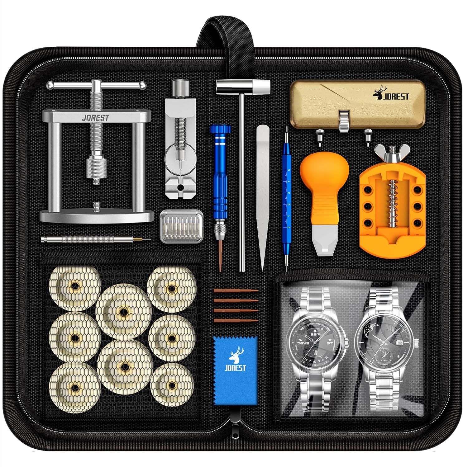 Displays the comprehensive watch repair toolkit with all included tools and accessories organized in a carrying case, showing shoppers exactly what they will receive and reassuring them of the kit's…