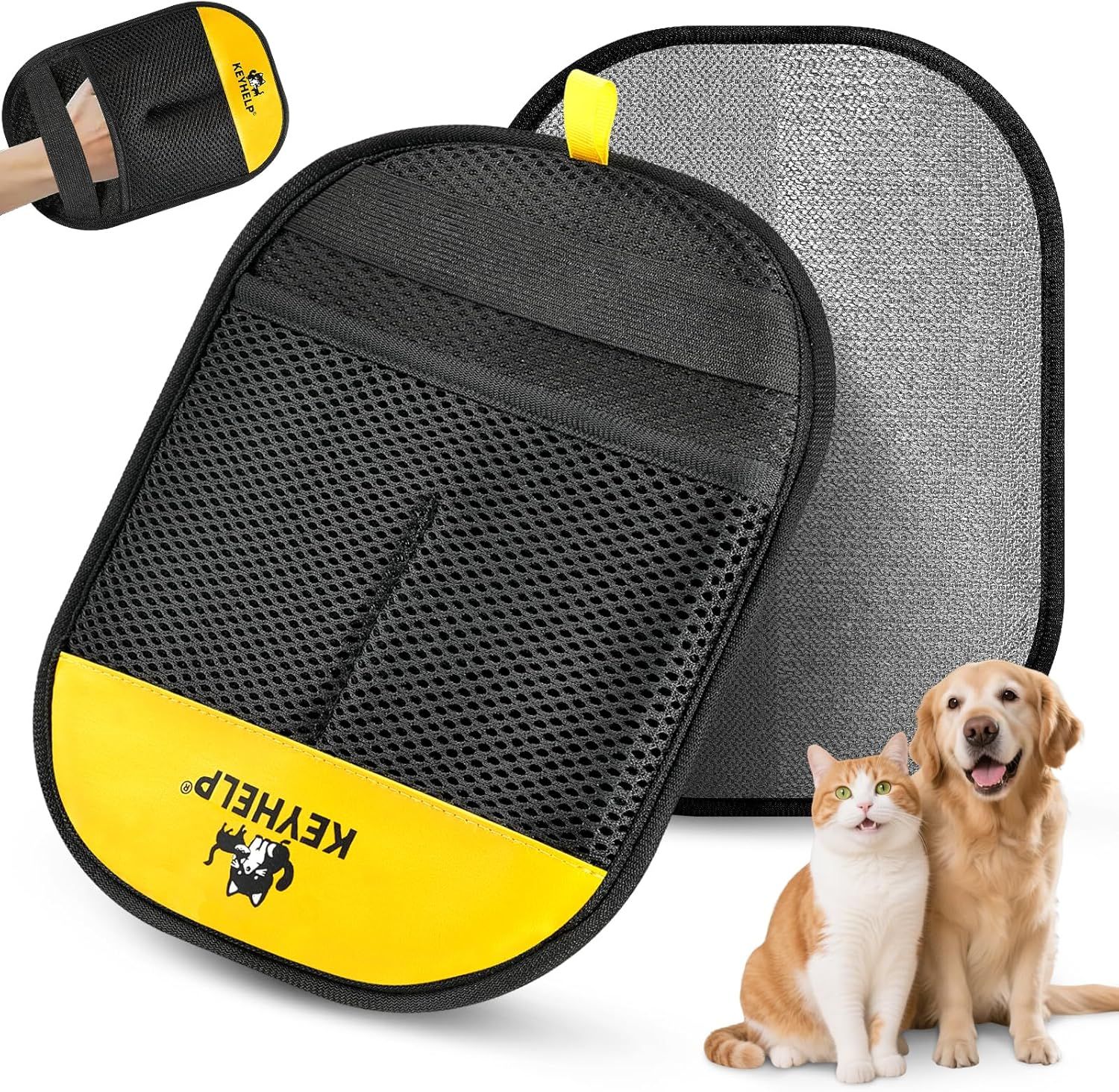 Shows the core product—a pet grooming mitt with mesh and textured surfaces—to communicate its design and intended use for pet hair removal and grooming. Demonstrates how the mitt is worn on a hand…