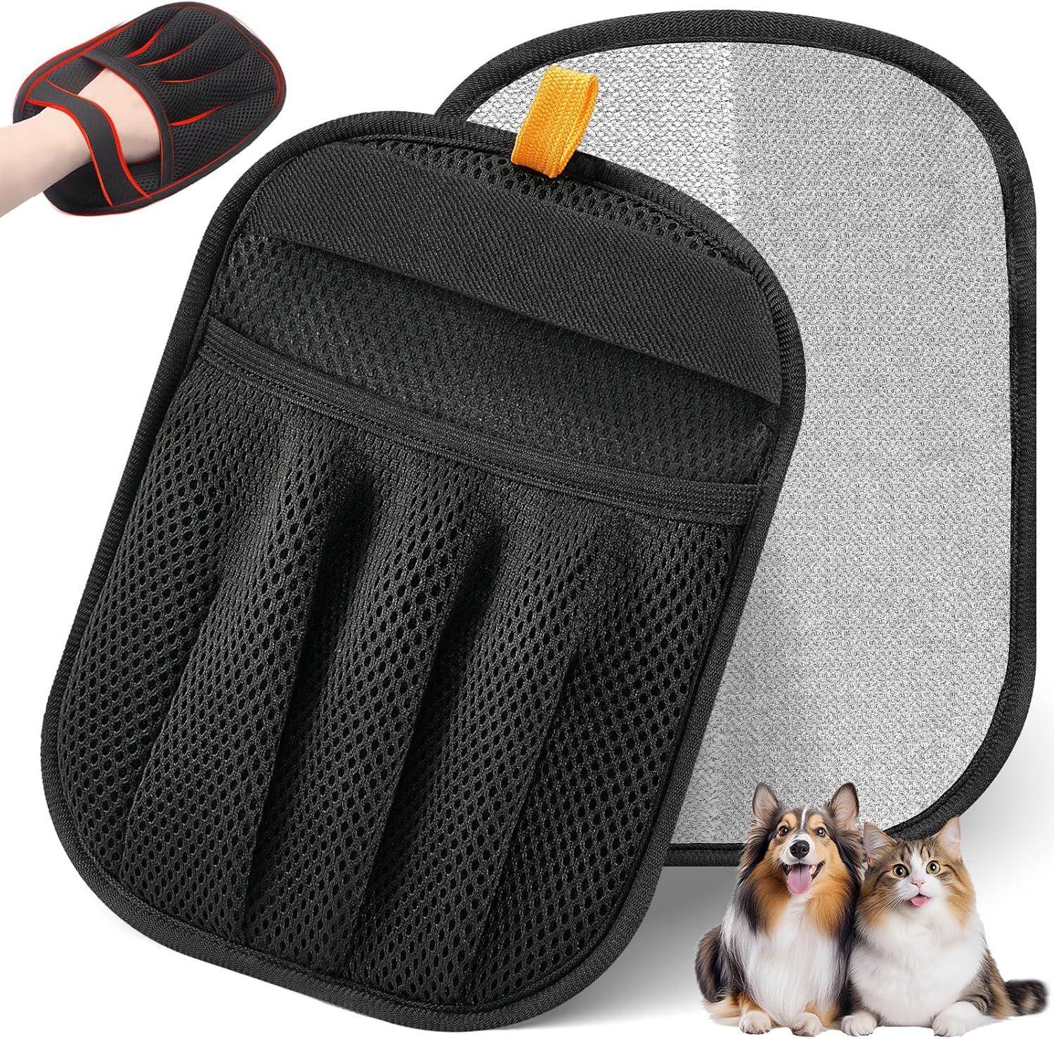 Shows the core product—a pet grooming mitt with mesh pockets and dual-sided surfaces—to communicate its design and functionality for pet owners. Uses added visual elements including an inset photo…