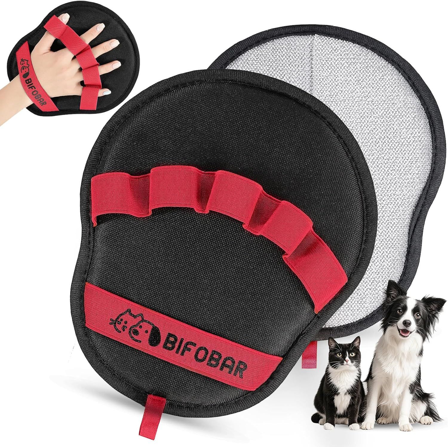 Shows the core product—a pet grooming mitt with hand strap—to communicate its design and dual-sided functionality for grooming cats and dogs. Includes added visual elements—a hand demonstration…