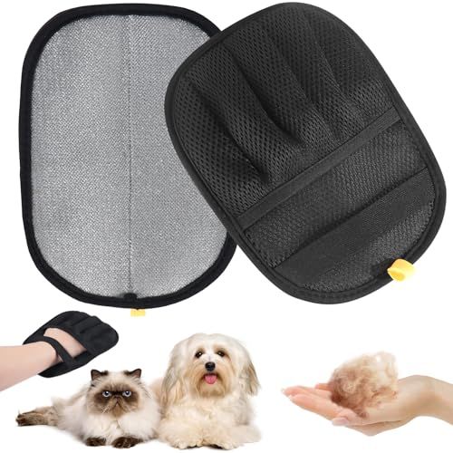 Shows the core product—a pet grooming mitt with two sides (textured black side and smooth gray side)—to communicate its design and functionality for pet hair removal. Demonstrates the product in…