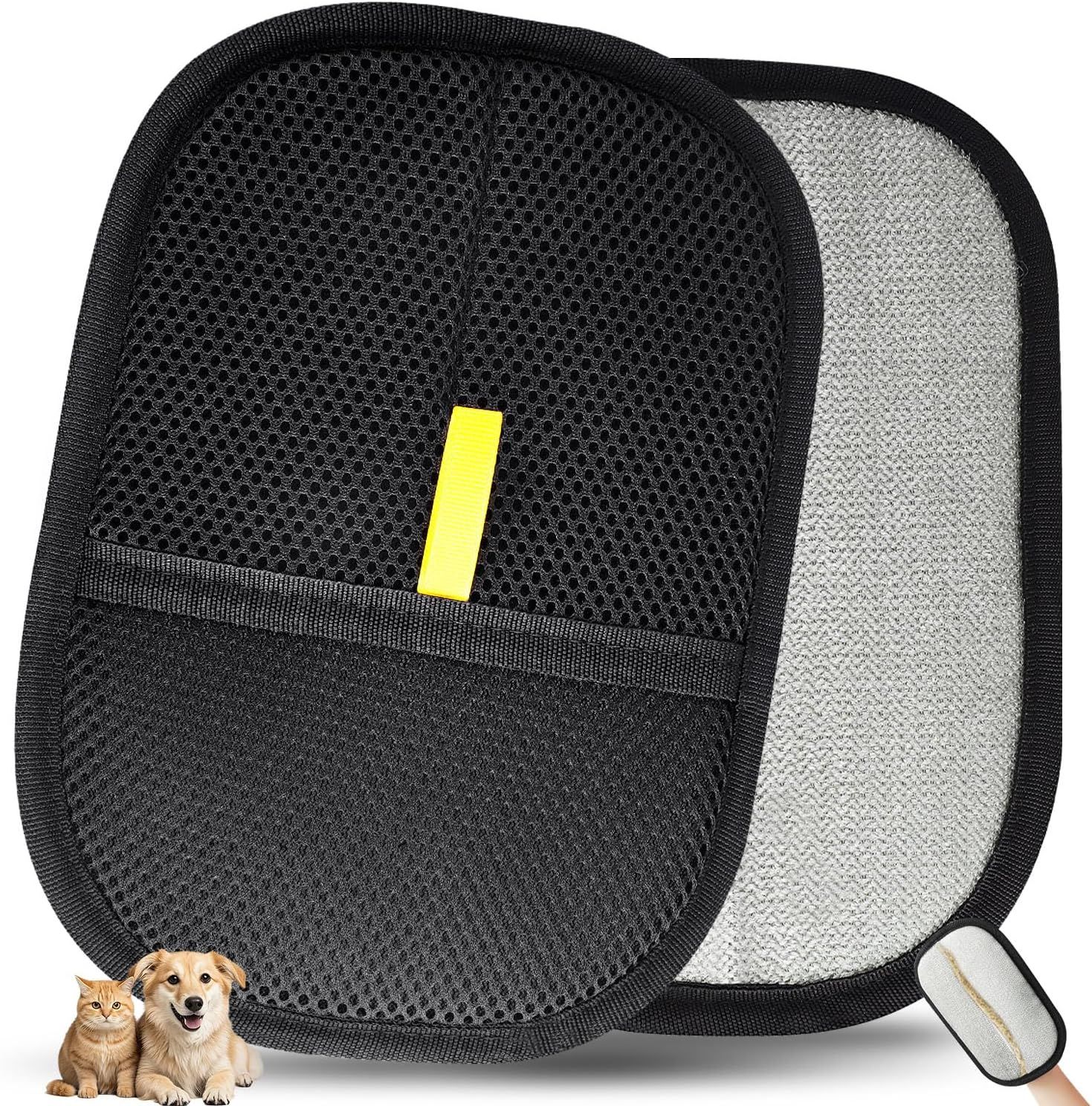 Shows the core product—pet grooming mitts in two colors (black and gray)—to communicate what the buyer will receive and demonstrate the dual-sided mesh texture for pet hair removal. Includes added…