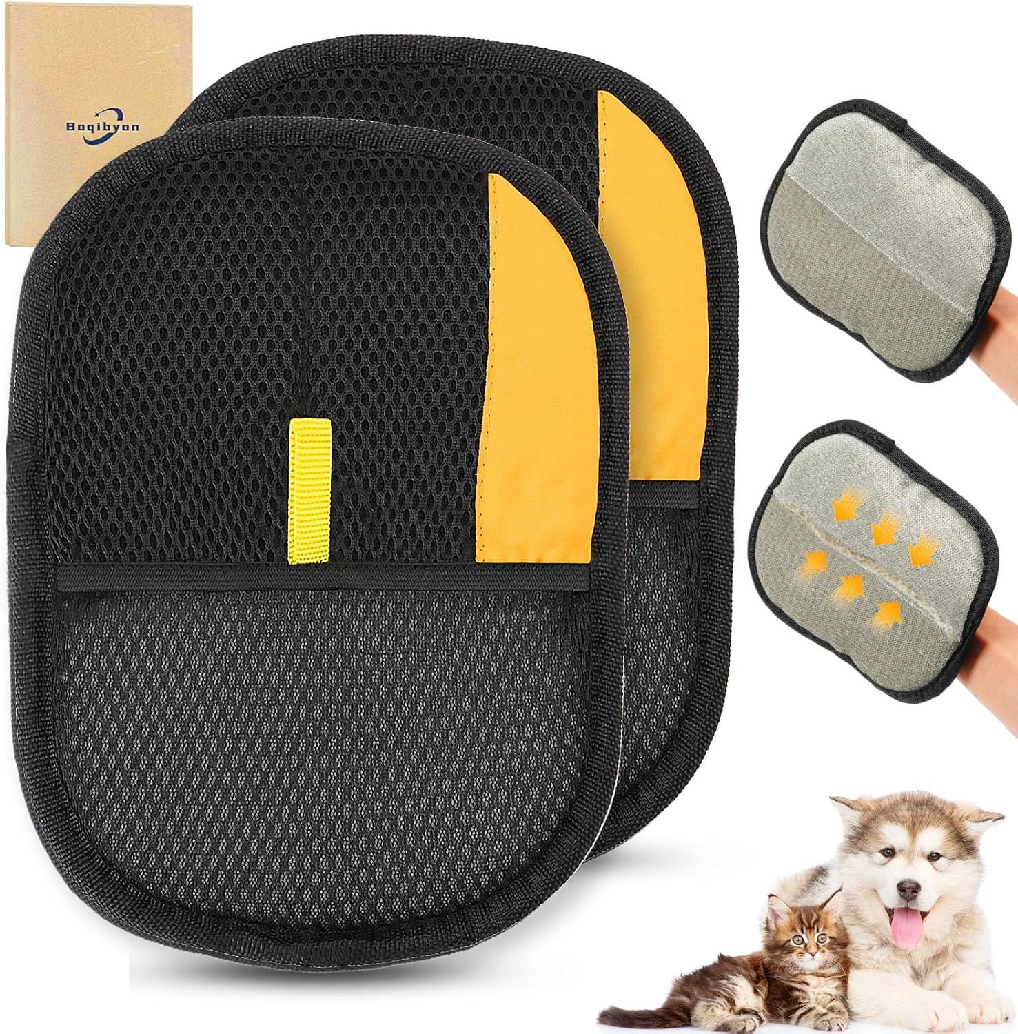 Shows the core product—two black mesh grooming mitts with yellow straps—alongside smaller accessory items and packaging to communicate what the buyer receives. Demonstrates that the purchase…