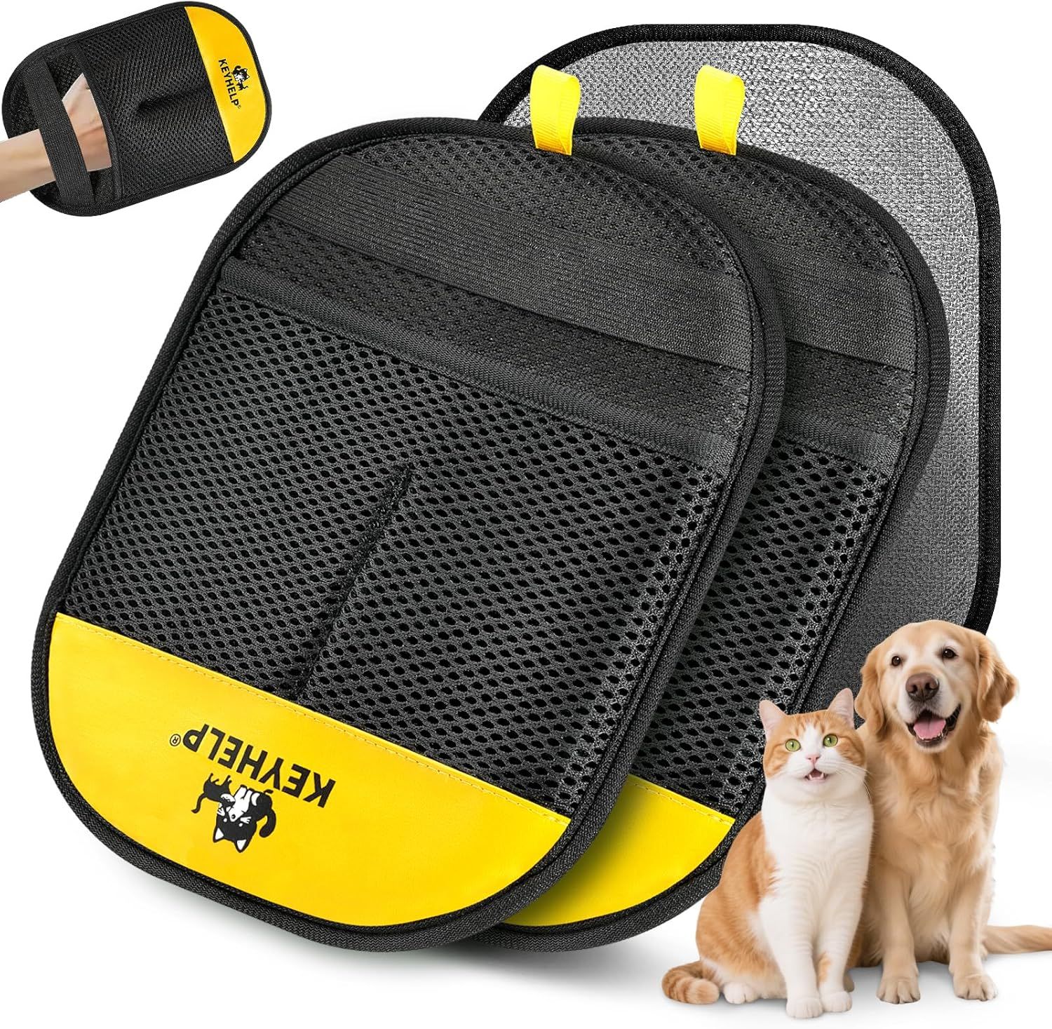Shows the core product—a pair of pet grooming mitts with mesh and textured surfaces—to communicate what the buyer will receive and how it's designed for pet hair removal. Uses added visual elements…