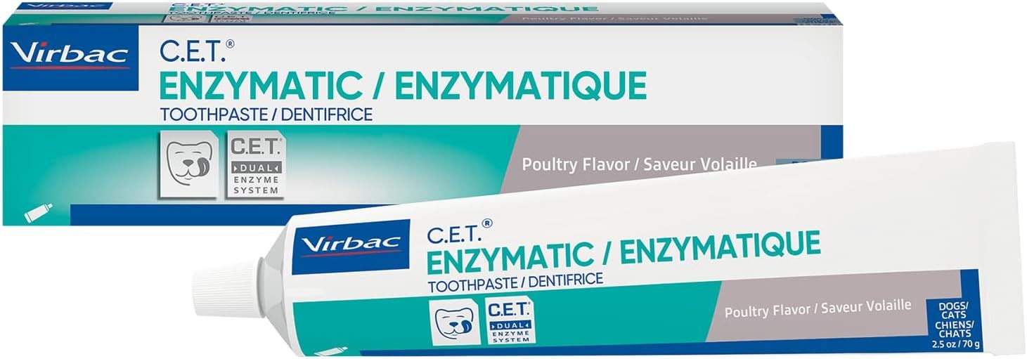 Shows the core product—a tube of enzymatic toothpaste for dogs and cats—alongside its retail packaging to communicate what the buyer will receive. Displays the physical retail packaging box to…