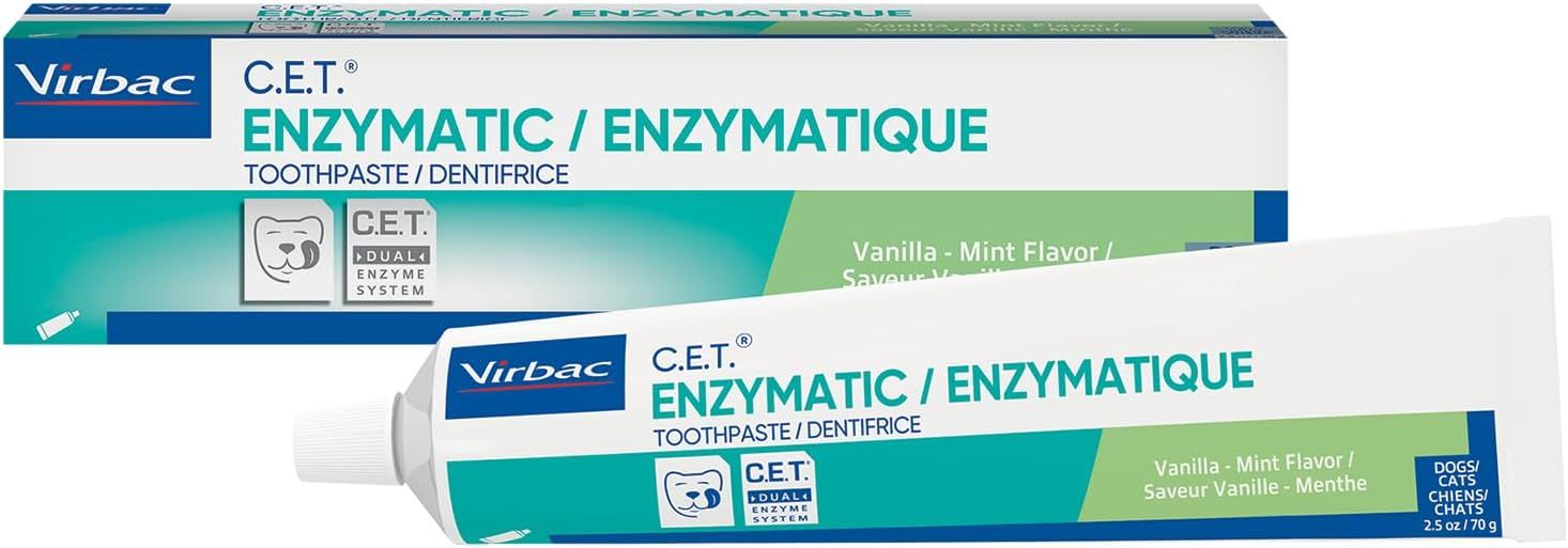 Shows the core product packaging clearly to help shoppers identify the Virbac enzymatic toothpaste for dogs and cats in vanilla-mint flavor. Displays both the retail box and toothpaste tube to show…
