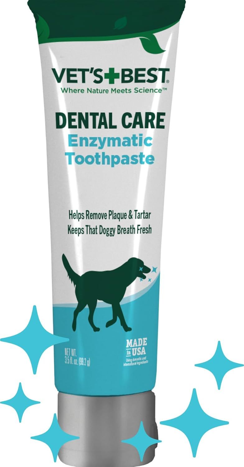 Displays the core product, a tube of dog dental care toothpaste, clearly showing the brand, product type, and key benefits to help shoppers identify what they are purchasing. Uses decorative sparkle…