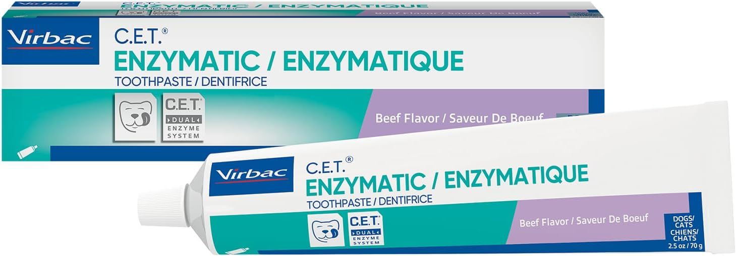 Displays the core product—a tube of enzymatic toothpaste for dogs and cats—alongside its retail packaging to show shoppers exactly what they will receive. Shows the physical retail packaging box and…