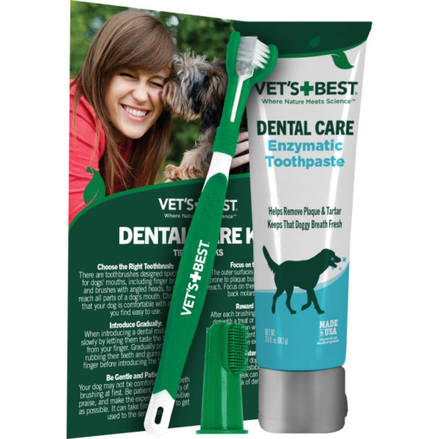 Displays the complete dental care kit for dogs, including toothpaste and toothbrush, to show shoppers exactly what they will receive and communicate the product's purpose of maintaining dog dental…