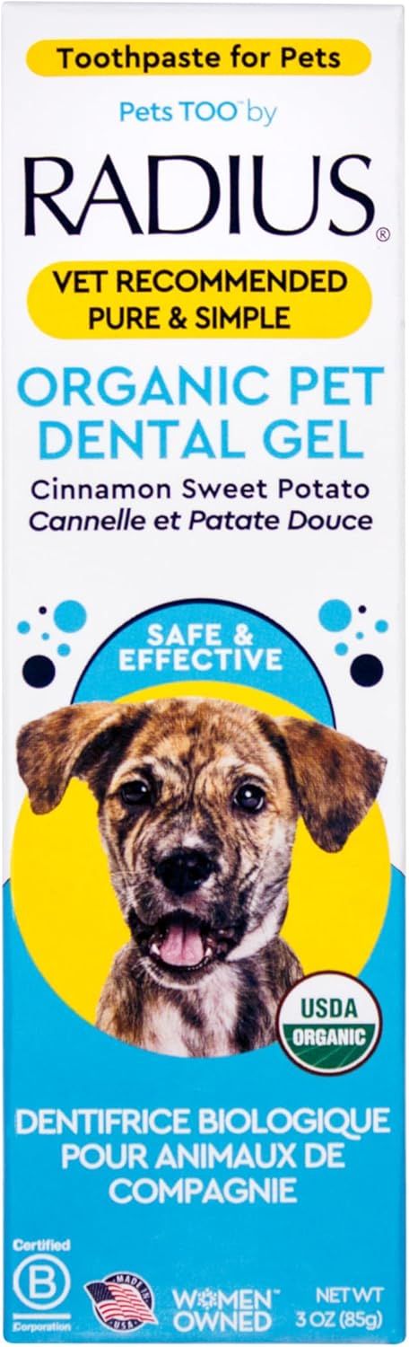 Displays the retail packaging of organic pet dental gel to communicate the product identity, brand, and key selling points like vet-recommended and USDA organic certification. Shows the physical…