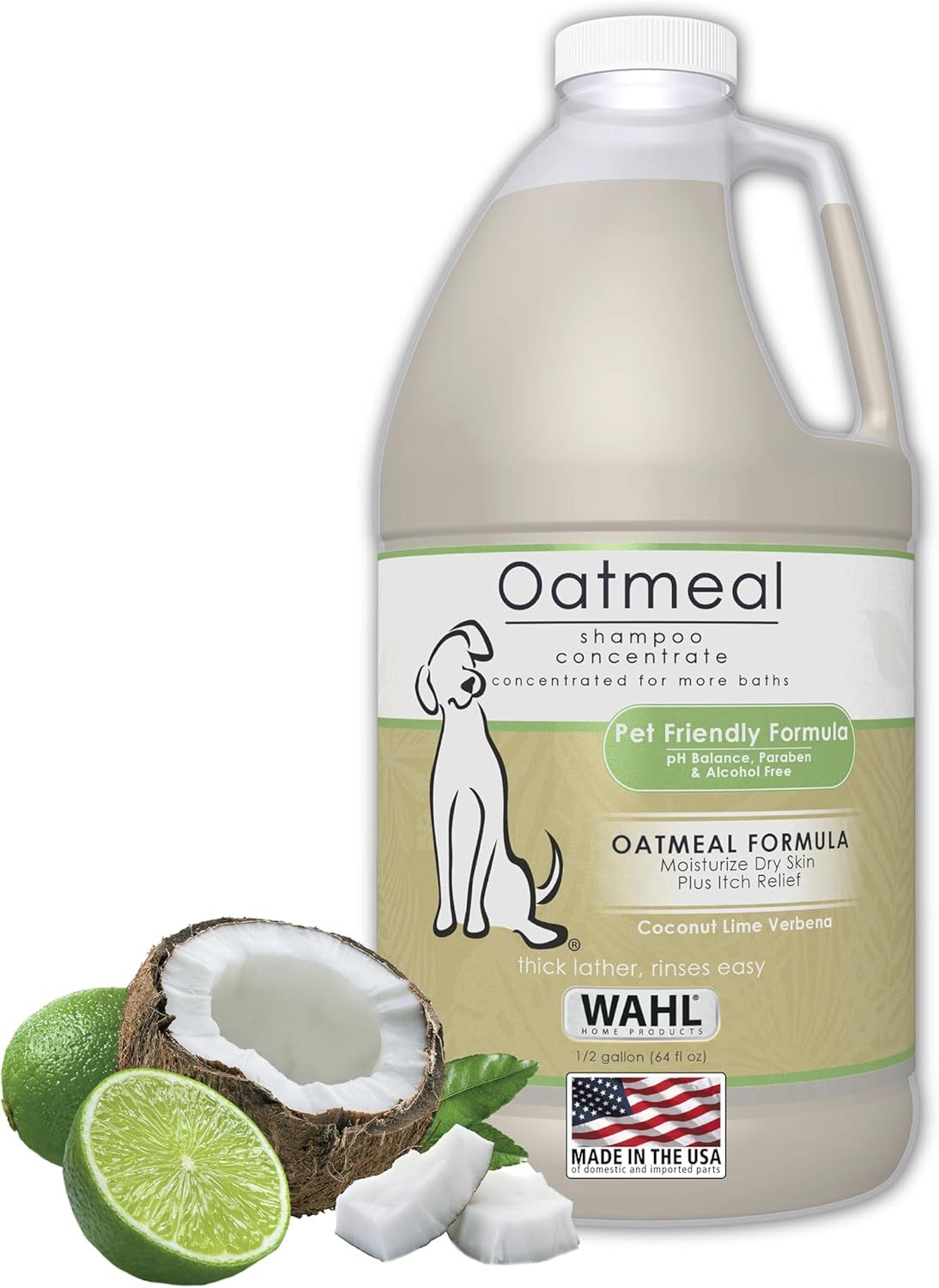 Displays the core product, a large bottle of oatmeal shampoo concentrate for pets, clearly showing the brand, formula benefits, and scent to help shoppers identify and evaluate the product. Uses…