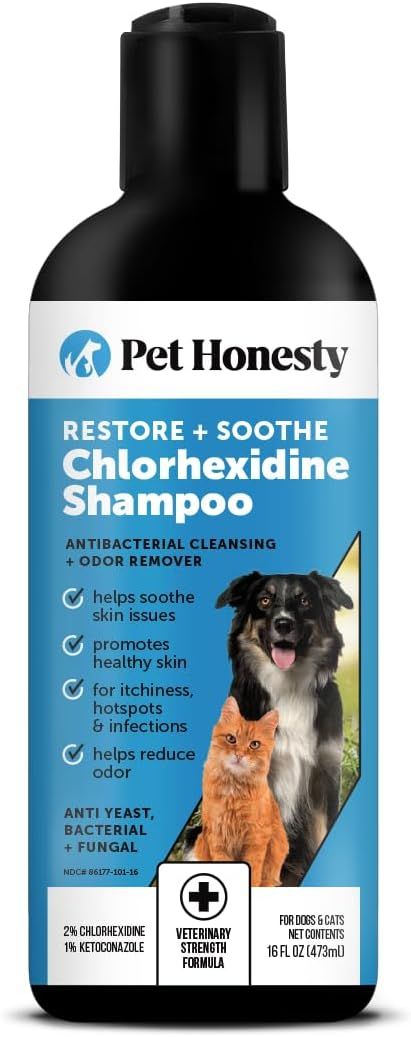 Shows the pet shampoo bottle with detailed label information to communicate the product's therapeutic benefits for skin issues, odor control, and veterinary-strength formula for dogs and cats.…