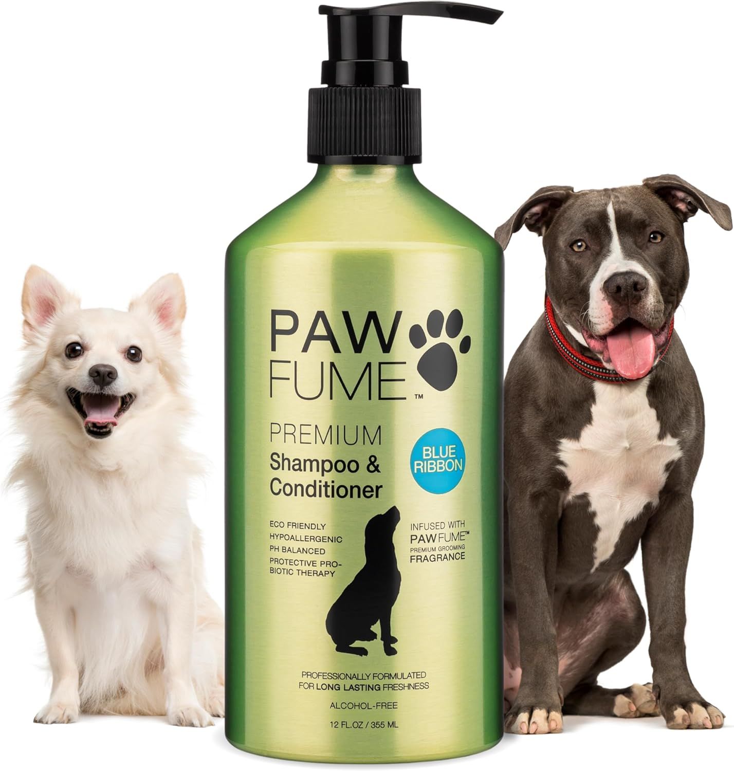 Displays the core product, a premium dog shampoo and conditioner bottle, clearly showing the brand, product type, and key features to help shoppers identify what they are purchasing. Shows two dogs…