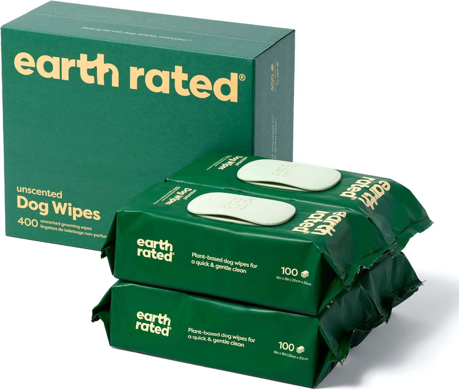 Shows the complete product offering with retail packaging and individual wipe packs to communicate the quantity (400 wipes total in 4 packs of 100) and key product features like plant-based and…