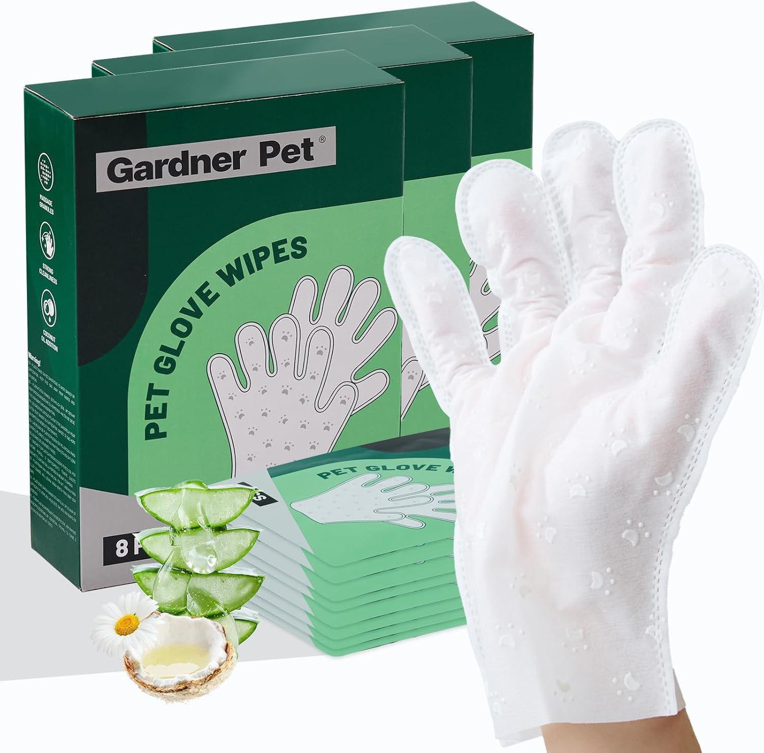 Shows the core product (pet grooming glove wipes) along with the retail packaging to communicate what the shopper will receive. Displays the physical retail packaging boxes to show how the product…