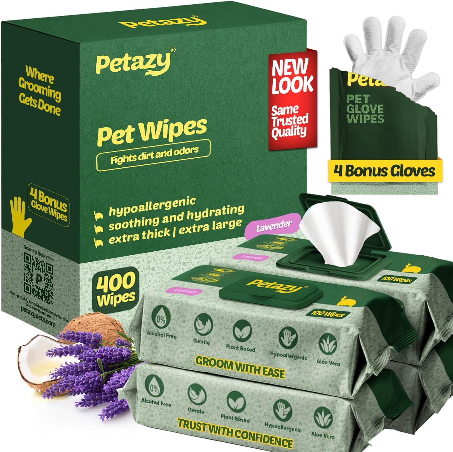 Displays the core product—pet wipes in packaging with bonus glove wipes—to show shoppers exactly what they will receive, including key features like hypoallergenic formula, lavender scent, and the 4…