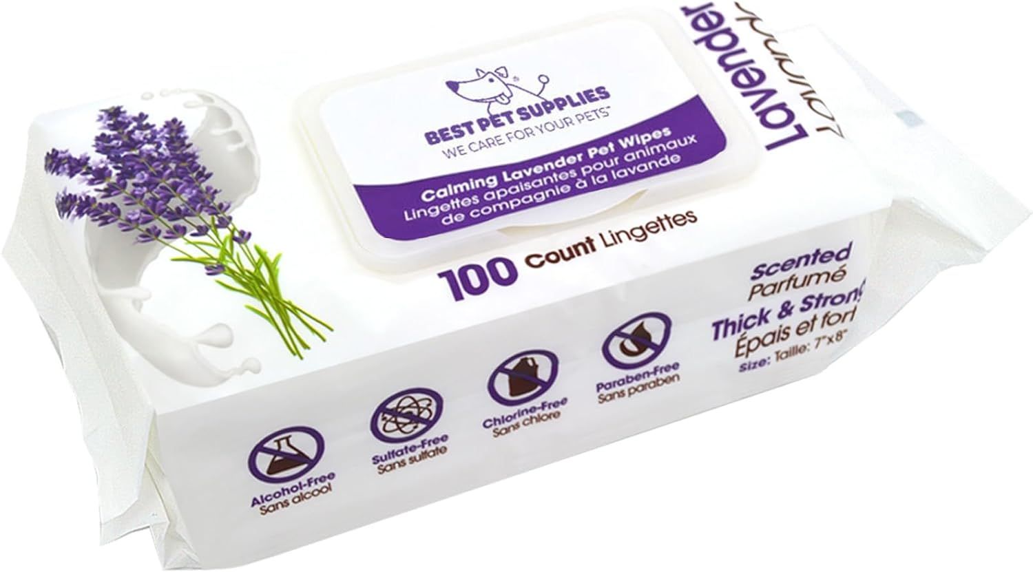 Shows the core product packaging with key features like lavender scent, count, and quality attributes to help shoppers understand what they are purchasing. Uses decorative lavender flowers as a…