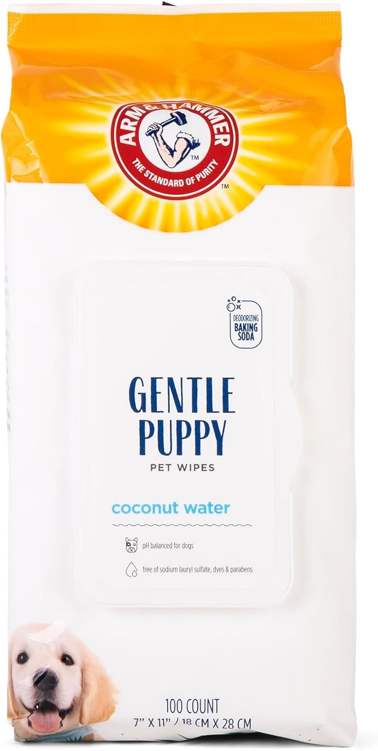 Shows the core product packaging for Arm & Hammer Gentle Puppy Pet Wipes, allowing shoppers to see the brand, product type, key features like coconut water and pH balanced formula, and package size.…