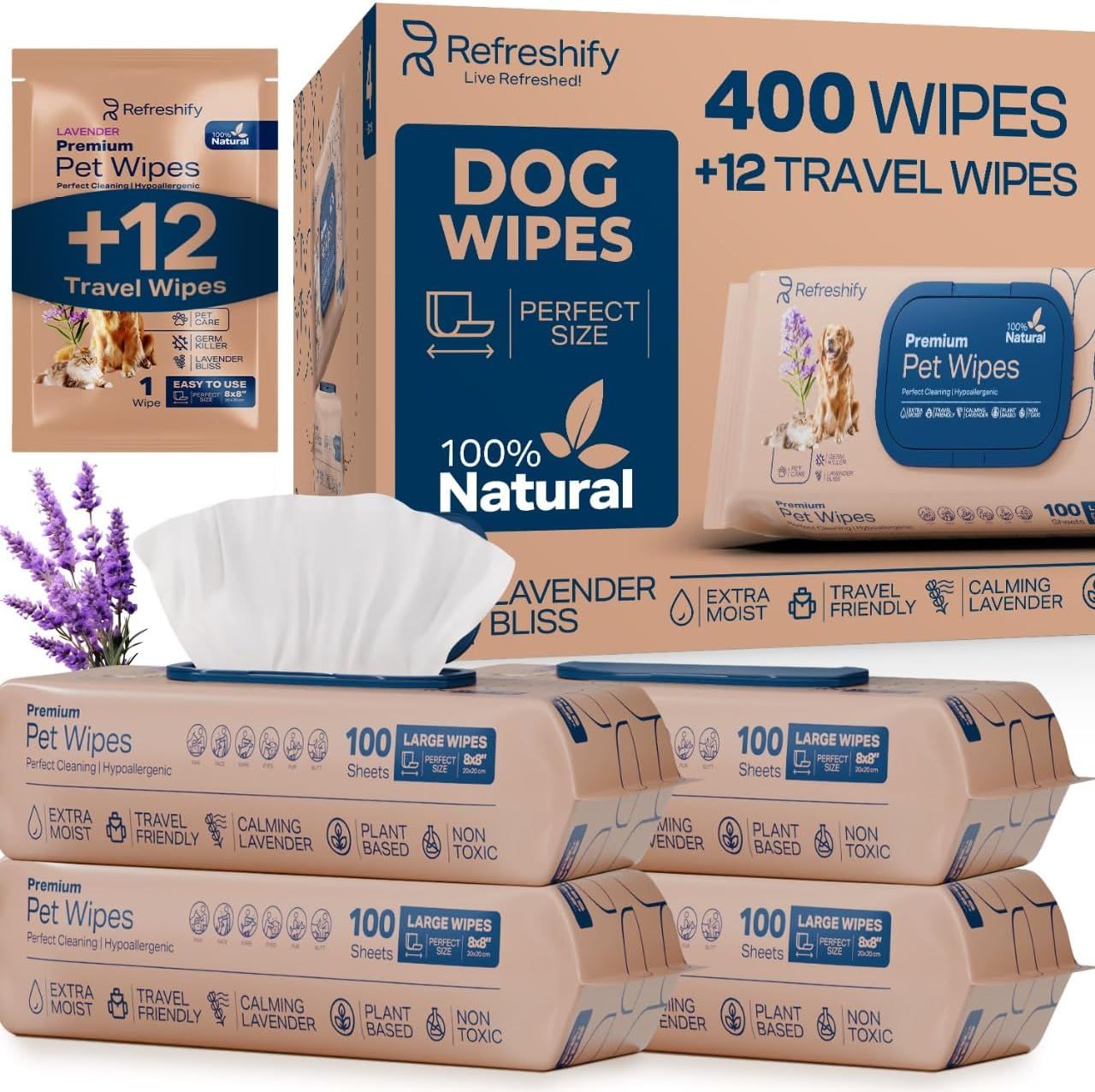 Displays the complete product offering including bulk packaging and individual wipe packs to show shoppers exactly what they will receive and the quantity included. Uses decorative lavender flowers…