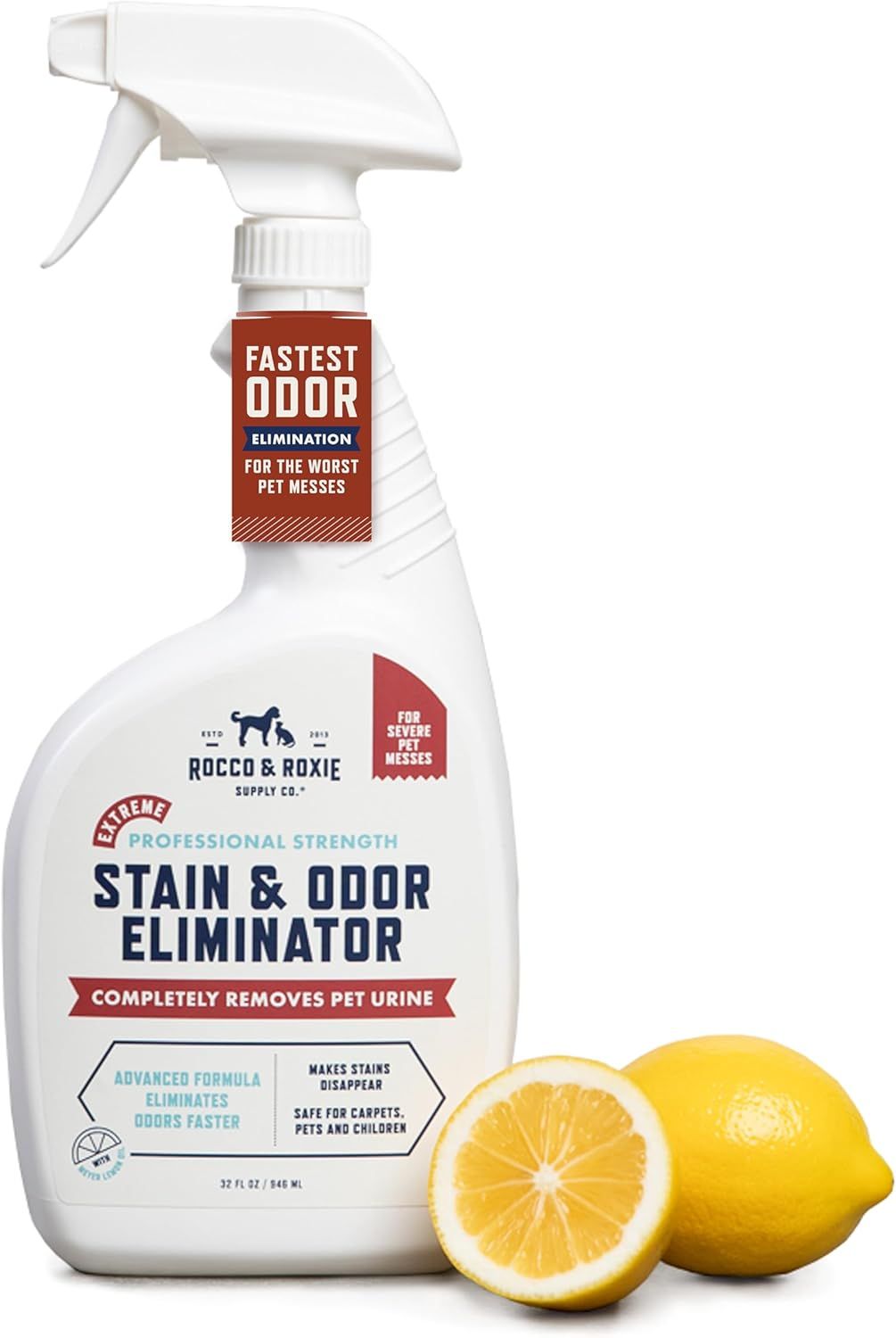 Displays the core product—a pet stain and odor eliminator spray—clearly showing the bottle, trigger sprayer, and key messaging to communicate its professional-strength formula and fast odor…