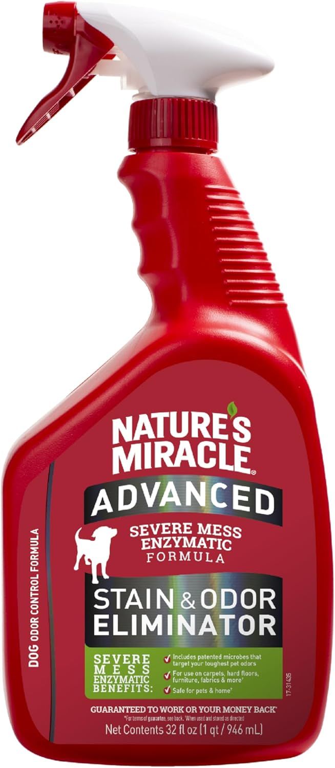 Shows the core product clearly on a white background to communicate what the shopper will receive - a ready-to-use spray bottle of pet stain and odor eliminator. Displays the actual retail packaging…